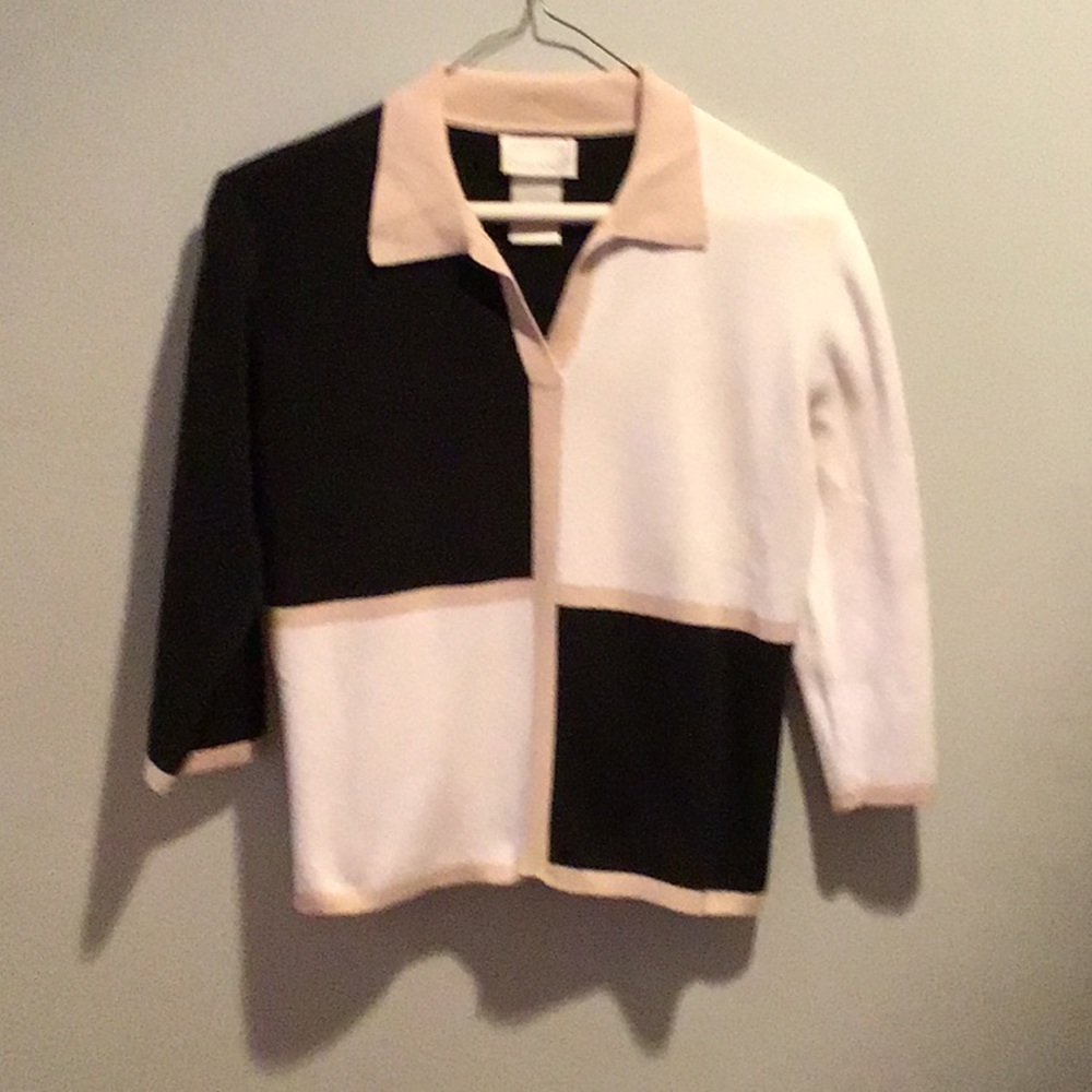 Designer Originals Black/White/Tan Pullover Sweater 3/4 Sleeve Solid Black Back